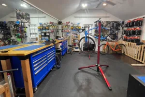 Steve's workshop with bike stand.